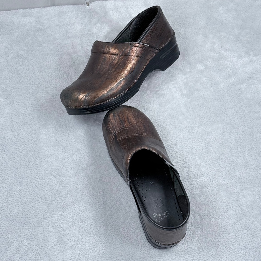 Dansko Professional Clogs 41 Womens 10.5 Metallic Bronze Brown Leather Woodgrain